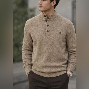 Chaps Men's khaki elbow patch 100% cotton Henley Tan Sweater, size XL preppy